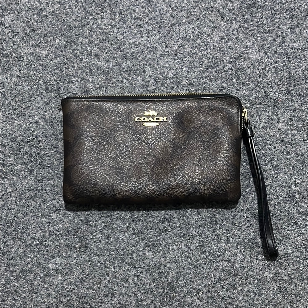 Coach Dark Brown Wristlet with Black Strap
